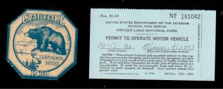 1930 Crater Lake National Park,  Entrance Permit Sticker & Drivers License