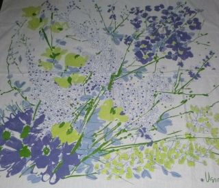 Vtg Vera Neumann Cotton Tablecloth Floral Blue Lilac Green Ladybug Logo 49x50