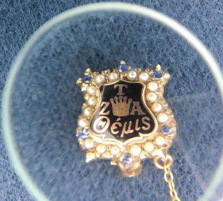 Tau Zeta Alpha 10k Gold Sorority Badge w/ Sapphires Seed Pearls Greek Fraternity 2