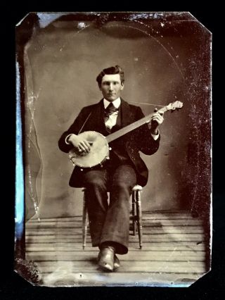 1/6 Plate Tintype - Gent In Studio With His Early Banjo - A Great Musical Image