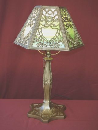 1930s Art Nouveau Table Lamp W/ Slag Glass Shade