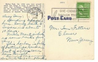 VTG Postcard Foods & Beverages Bldg Balboa Park San Diego CA Linen Posted 1951 2