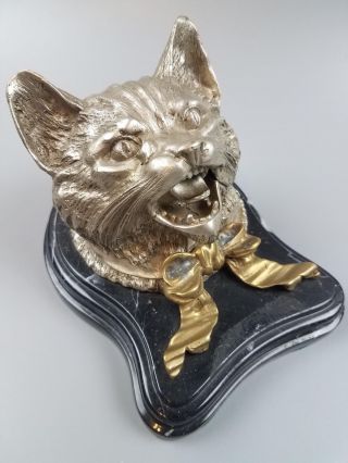 English Victorian Style Cat Inkwell Silver Tone W Gold Tone On Black Marble Base