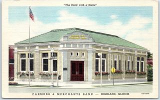 Highland,  Illinois Postcard Farmers & Merchants Bank Street View Curteich Linen