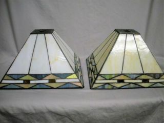2 Mission Tiffany Style Leaded Stained Glass Lamp Shade Square Pair Arts Crafts
