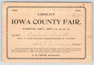 Marengo Great Iowa County Fair 1899 Student Ticket For Carrie Bratt Us Flag Tc