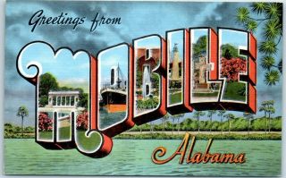 Vintage Mobile Alabama Large Letter Postcard Gulf Scene Background Kropp Linen