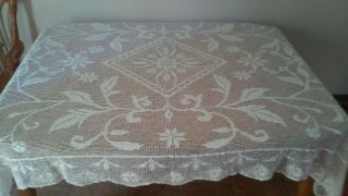 Vintage White Crochet Lace Tablecloth,  56 " By 74 "