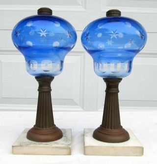 Pair Vintage Antique Hand Blown Blue Cut Clear Glass Whale Oil Kerosene Lamp