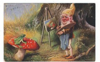 Leprechaun Artist,  Mushroom,  & Frog Artist - Signed Vintage Postcard