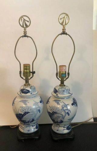 Vintage Blue & White Pottery Lamps Chinese Ginger Jar With Cranes