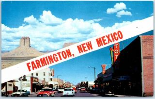 Farmington,  Mexico Postcard Downtown Street Scene W/ Chimney Rock C1950s