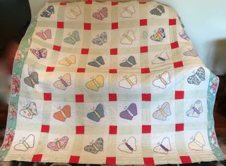 Vintage Quilt Hand Made Butterflies 66 X 67 Inch Very Unique Pattern