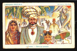 Colombo India Sikh Elephant Comic Gervese Artist Signed Postcard France Paquebot