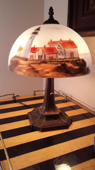 Glass Lamp.  Reverse Painted Lamp Shade.  Lighthouses.  Bronzed Mission Style Base.
