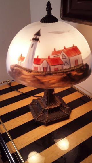 Glass lamp.  Reverse painted lamp shade.  Lighthouses.  Bronzed mission style base. 2