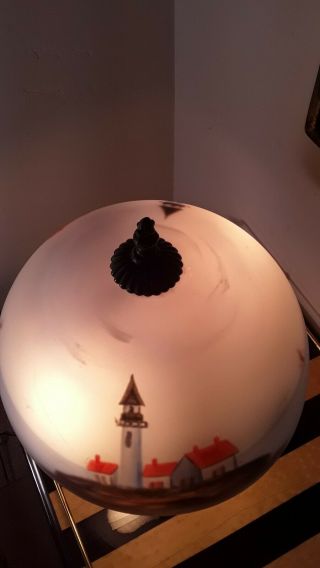 Glass lamp.  Reverse painted lamp shade.  Lighthouses.  Bronzed mission style base. 4