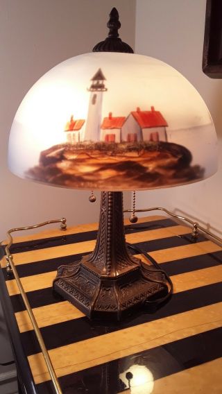Glass lamp.  Reverse painted lamp shade.  Lighthouses.  Bronzed mission style base. 5