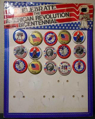 1976 United States Bicentennial Pinback Stand - Up Display Card,  15 Buttons
