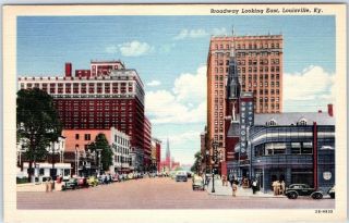 Louisville,  Kentucky Postcard Broadway Looking East Downtown Scene Linen 1944