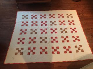 Bicentenial Vintage Dated 1976 Red & White Hand Quilted 9 Patch Quilt 71 X 82