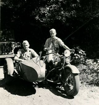 Soldier On A Motorcycle With Pal In Sidecar In Front Of Jeep Old Photo