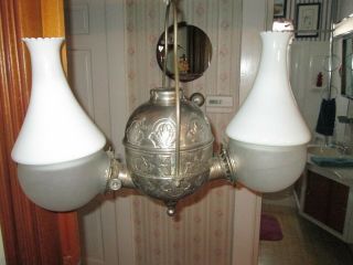Antique " Angle Lamp Co.  N.  Y.  " Hanging Brass Two Sided Oil Lamp With Shades