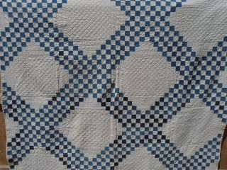 Spectacular Antique Hand Stitched Double Irish Chain Quilt Blue Off White 74x78