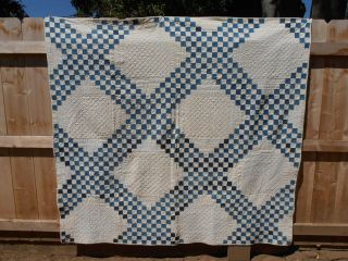 Spectacular Antique Hand Stitched Double Irish Chain Quilt Blue Off White 74X78 2