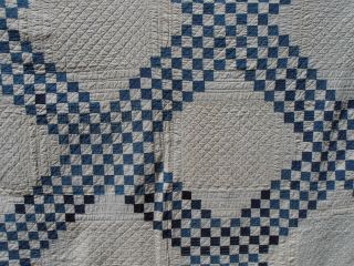 Spectacular Antique Hand Stitched Double Irish Chain Quilt Blue Off White 74X78 3