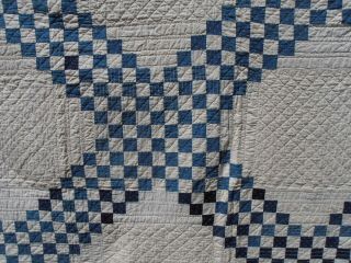 Spectacular Antique Hand Stitched Double Irish Chain Quilt Blue Off White 74X78 4