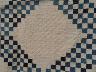 Spectacular Antique Hand Stitched Double Irish Chain Quilt Blue Off White 74X78 5