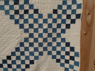 Spectacular Antique Hand Stitched Double Irish Chain Quilt Blue Off White 74X78 7