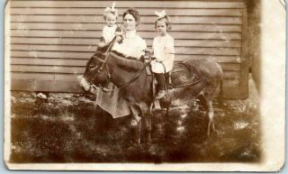 Vintage Rppc Real Photo Postcard Mother W/ 2 Little Girls & Donkey C1910s