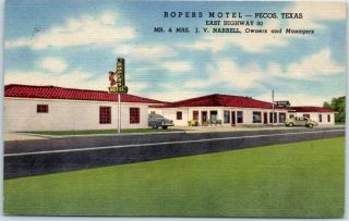 Pecos,  Texas Postcard Ropers Motel Highway 80 Roadside Curteich Linen 1958