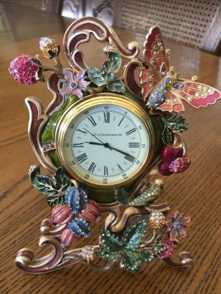 Jay Strongwater Clock With Swarowski Crystals,  Butterfly In The Garden 6,  5” Tall