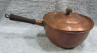 Primitive Old Solid Copper Antique 2 Qt Pot Pan W Lid And Wood Handle S/h