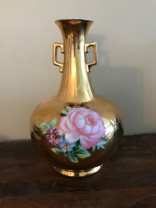 Noritake Vintage Gold Vase Urn Hand Painted Rose With Handles 7 " Tall