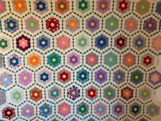 Partially Completed Hand Stitched Antique Grandmother Flower Garden Quilt 72x78