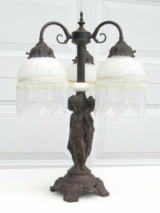 Antique Victorian Style Bronze 3 Semi Nude Woman Beaded Fringe Glass Shade Lamp