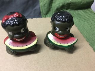 Vintage Black Americana Boy & Girl Eating Watermelon Salt & Pepper Shakers