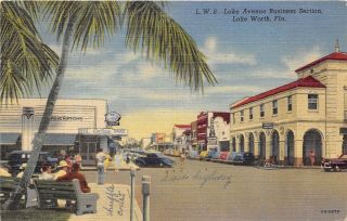 Lake Worth Florida 1954 Postcard Lake Avenue Business Section Cars Drug Store