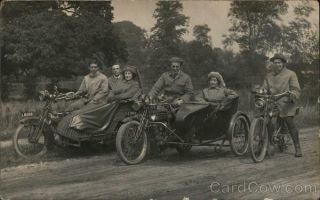 Rppc Men And Women In Motorcycles,  Sidecars " Zenith " Real Photo Post Card Vintage