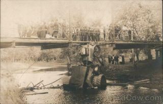 Transportation Rppc Tractor Fell Through Bridge Into River,  Sightseers Postcard