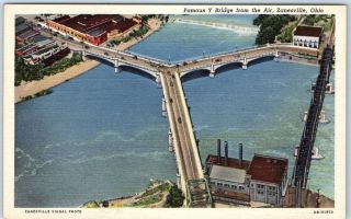 Zanesville,  Ohio Postcard " Famous Y Bridge From The Air " Curteich Linen