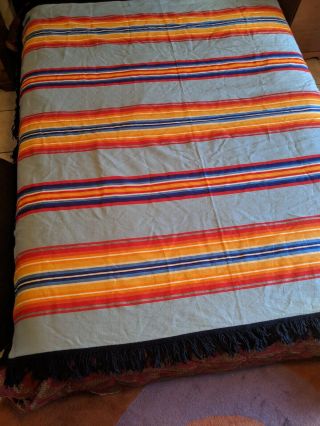 Vintage Pendleton Wool Blanket W/ Fringe Blue Orange Striped 72 X 68 Full Large