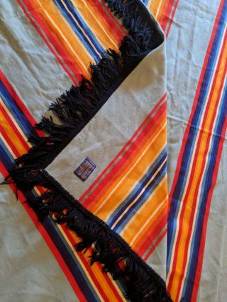 Vintage Pendleton Wool Blanket w/ Fringe Blue Orange Striped 72 x 68 full large 2