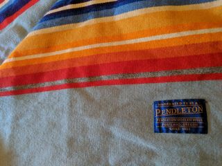 Vintage Pendleton Wool Blanket w/ Fringe Blue Orange Striped 72 x 68 full large 3