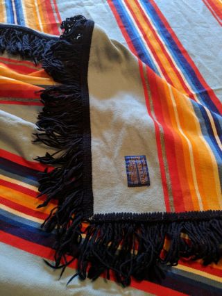 Vintage Pendleton Wool Blanket w/ Fringe Blue Orange Striped 72 x 68 full large 4