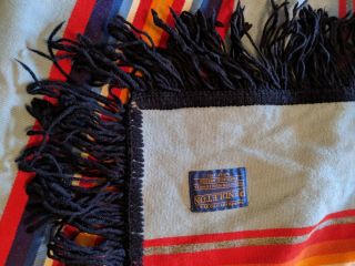 Vintage Pendleton Wool Blanket w/ Fringe Blue Orange Striped 72 x 68 full large 6